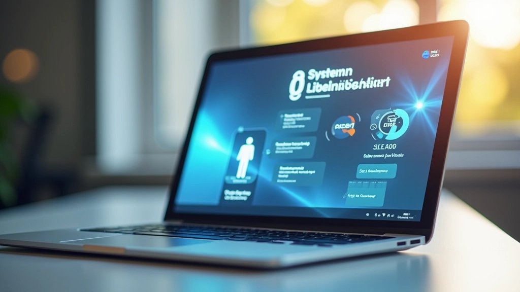 Laptop-Bildschirm mit Optimierungssoftware zeigt Systemleistung und Bereinigungsoptionen in modernem Büroumfeld